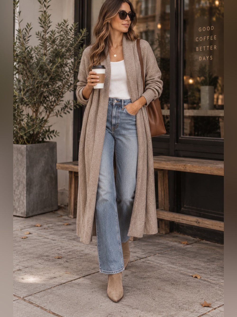 Reformation Liam 100% Cashmere Long Cardigan Duster Sz L in Taupe Tan Neutral